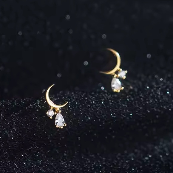 “Tears from the Moon” Crescent Sliver Dripping Crystals Swarovski Tiny 14K Studs - Picture 2 of 16